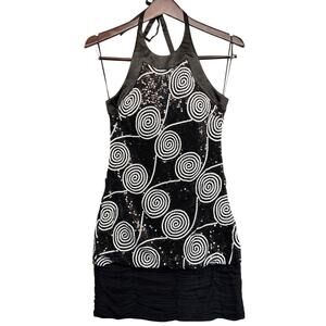 Cache 90s Y2K Black White Sequin Swirl Ruched Hem Halter Party Dress Women 4